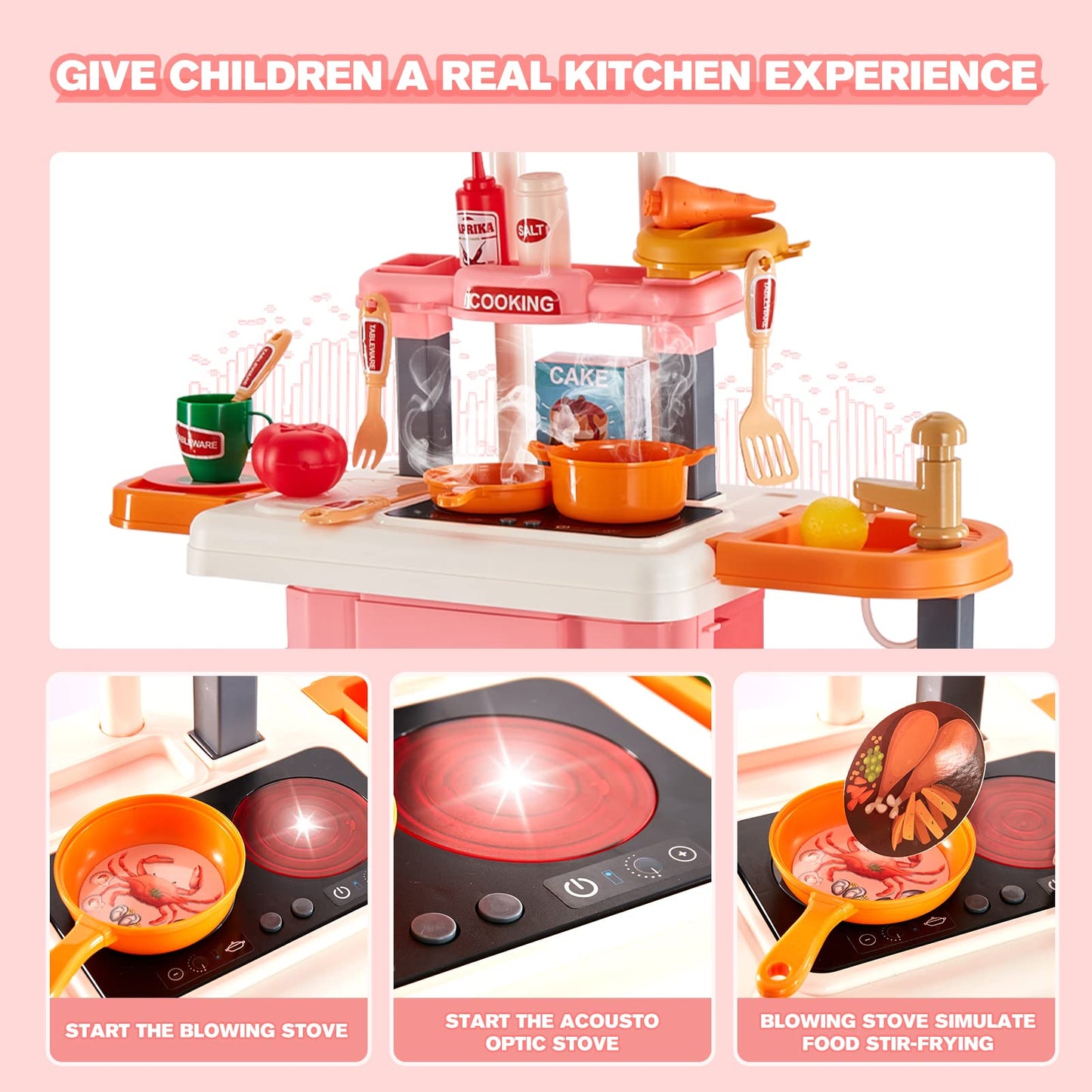 GEIYATOI 3-in-1 Kids Play Kitchen - Real Sounds & Lights, 50 Accessories, Portable Travel Case
