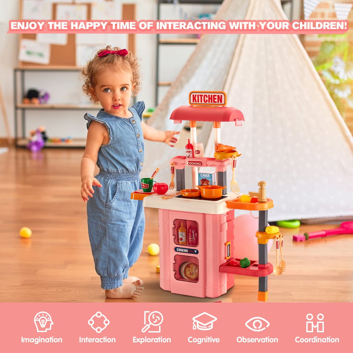 GEIYATOI 3-in-1 Kids Play Kitchen - Real Sounds & Lights, 50 Accessories, Portable Travel Case