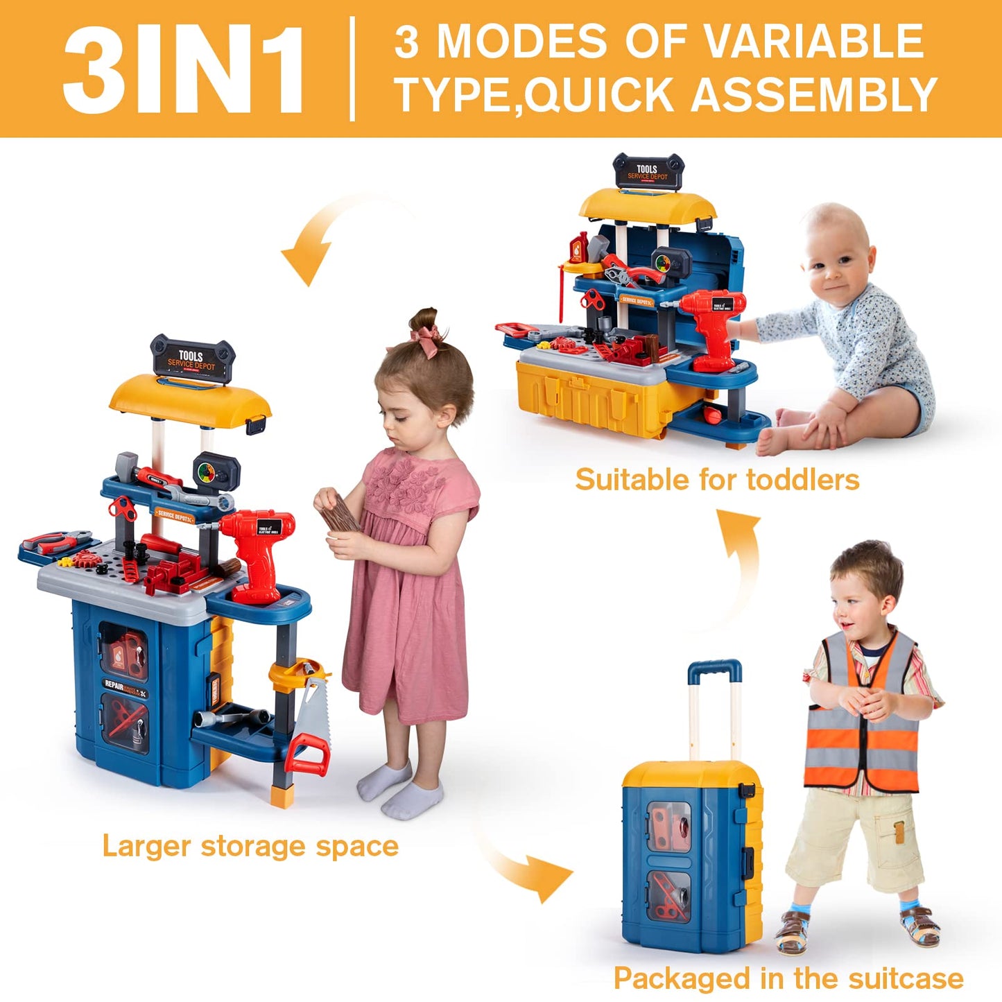 GEIYATOI Kids Tool Bench with Set – 3 Modes Toddler Construction Toy (Ages 3-8)
