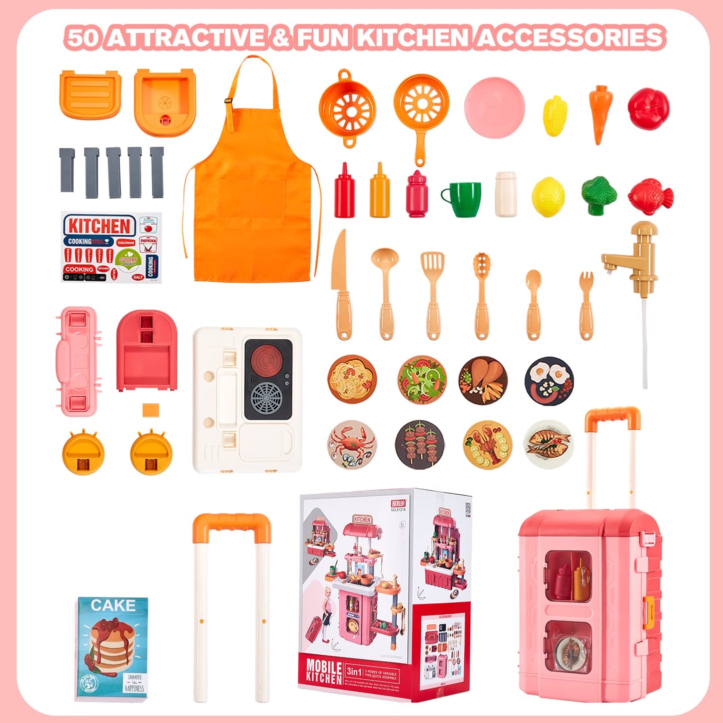 GEIYATOI 3-in-1 Kids Play Kitchen - Real Sounds & Lights, 50 Accessories, Portable Travel Case