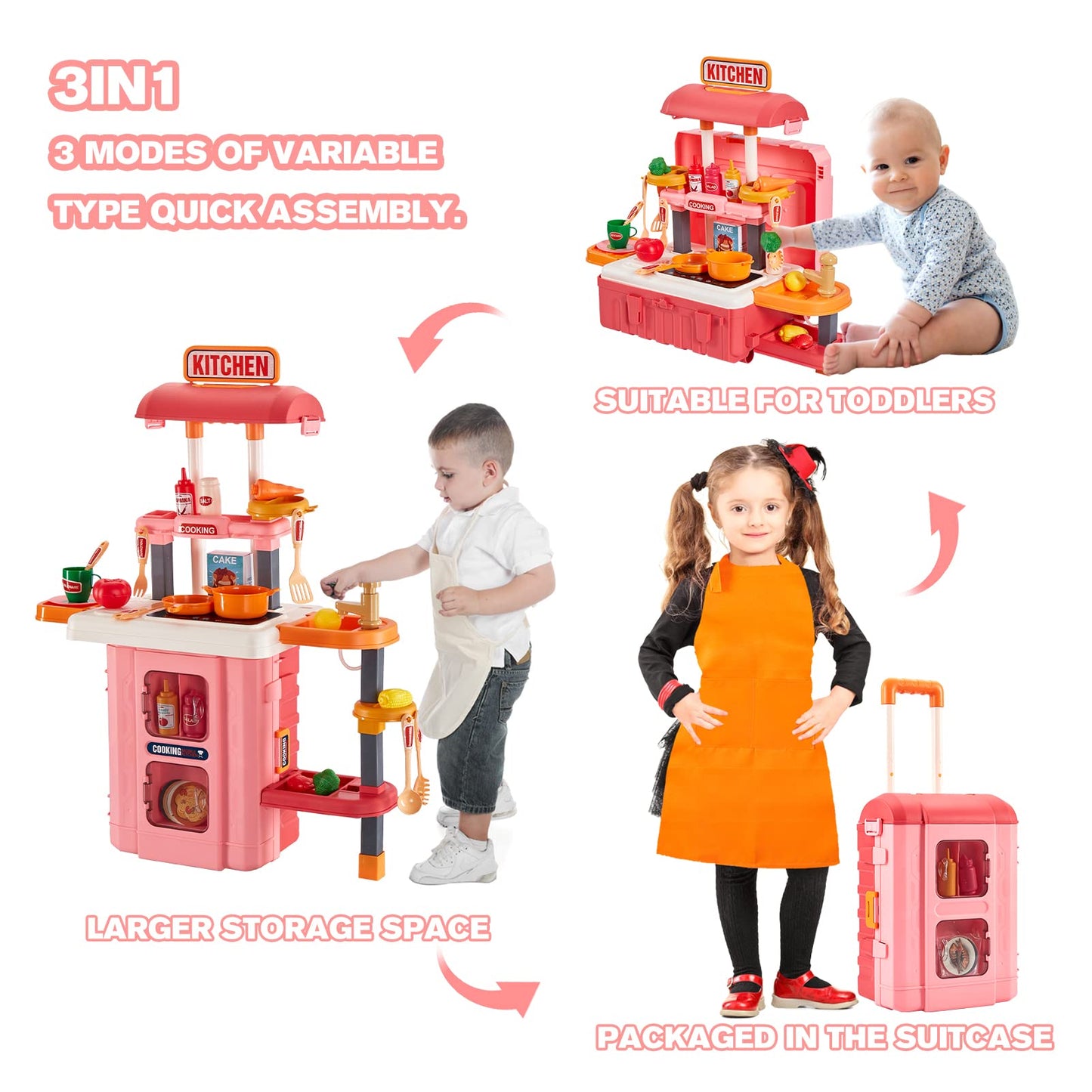 GEIYATOI 3-in-1 Kids Play Kitchen - Real Sounds & Lights, 50 Accessories, Portable Travel Case