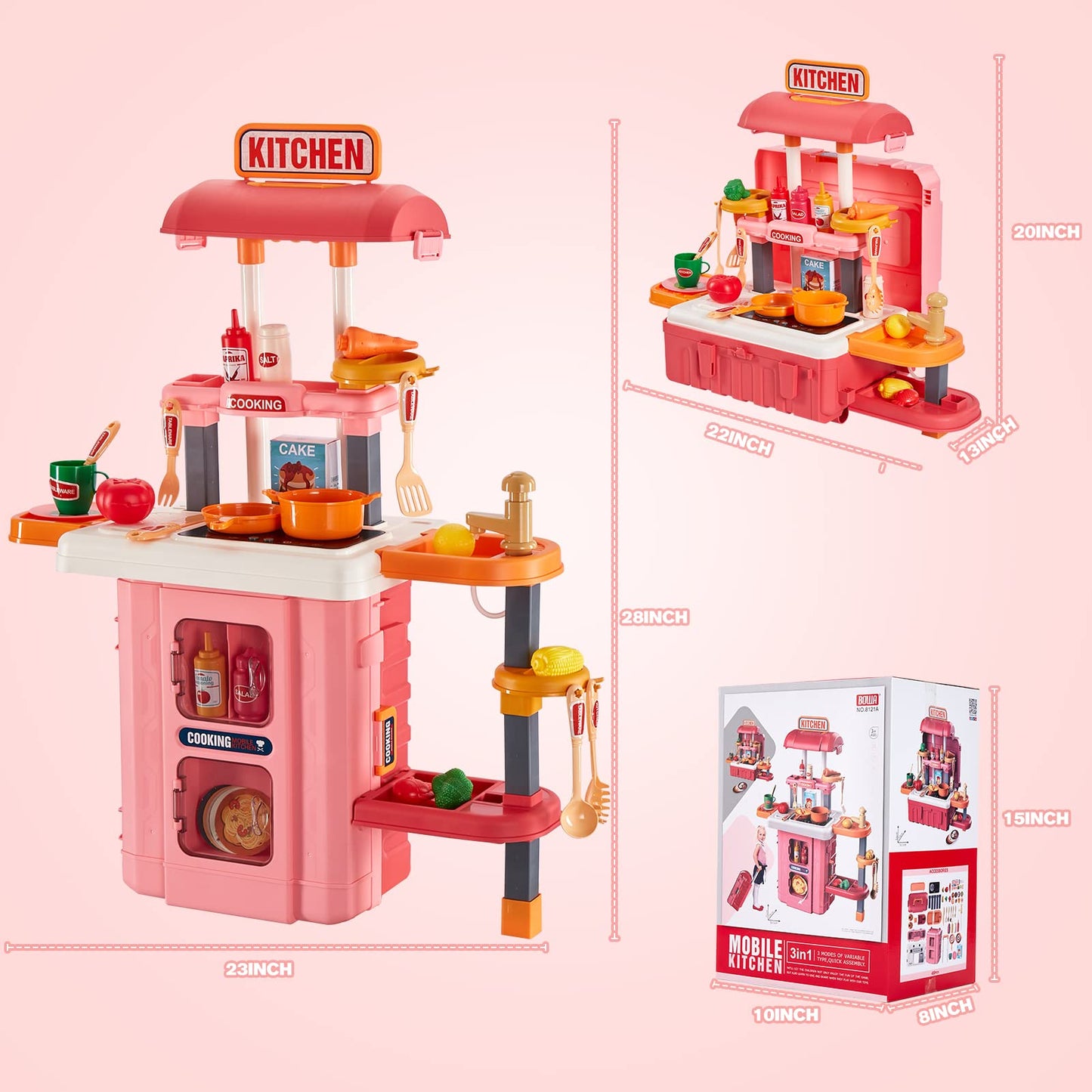 GEIYATOI 3-in-1 Kids Play Kitchen - Real Sounds & Lights, 50 Accessories, Portable Travel Case