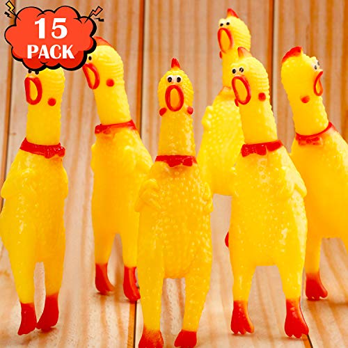 Gejoy 15 Pcs Rubber Screaming Chicken Noisemaker Toys – 6.3-Inch Yellow