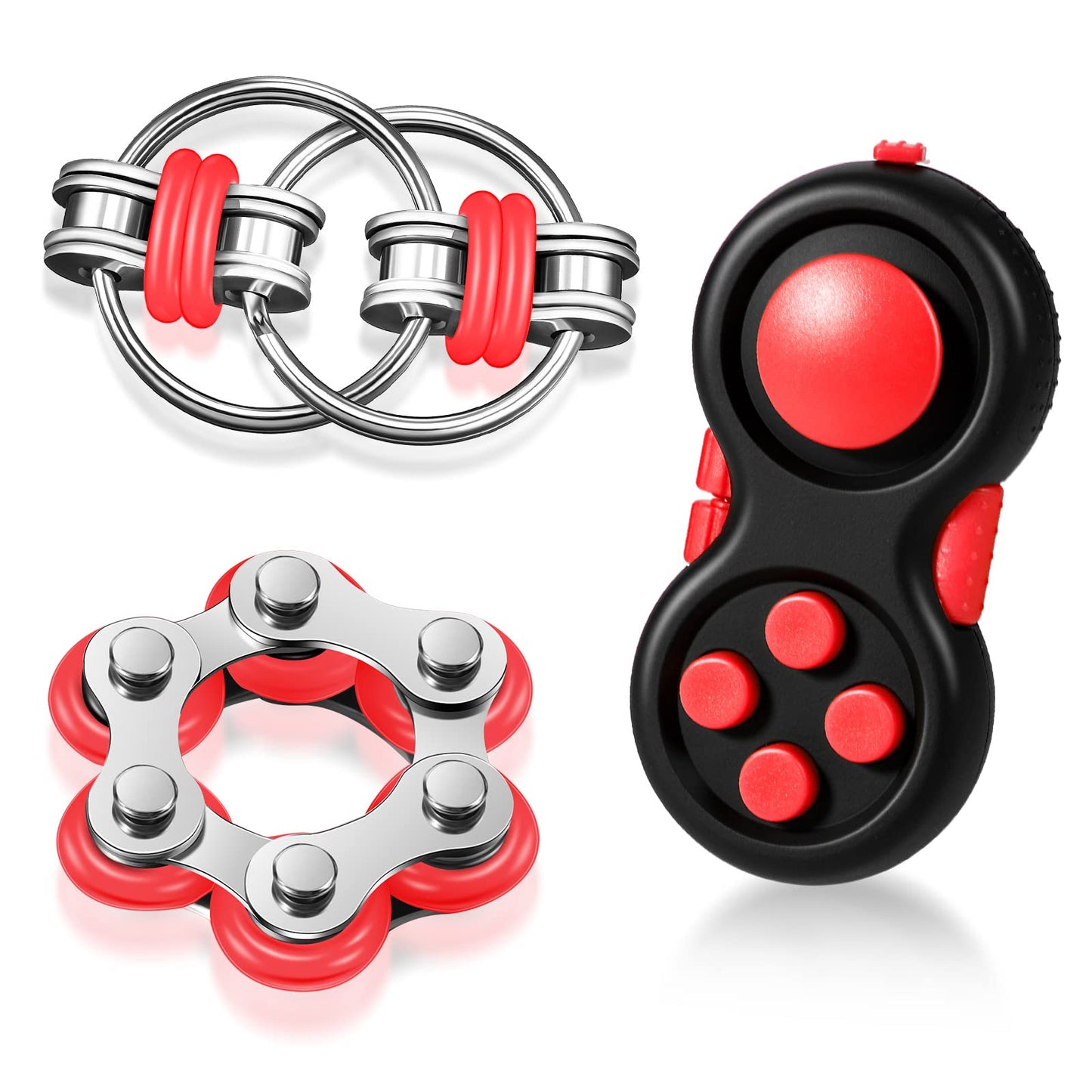 Gejoy 3-Piece Fidget Toys Set for Adults — Controller Pad, Six Roller Chain & Key Flippy Chain