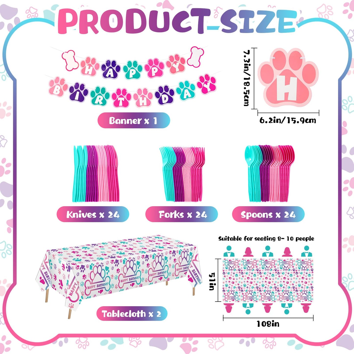 Gejoy 171 Pcs Dog Birthday Party Decorations Set — Paw Plates, Banner, Tablecloths & More for 24 Guests