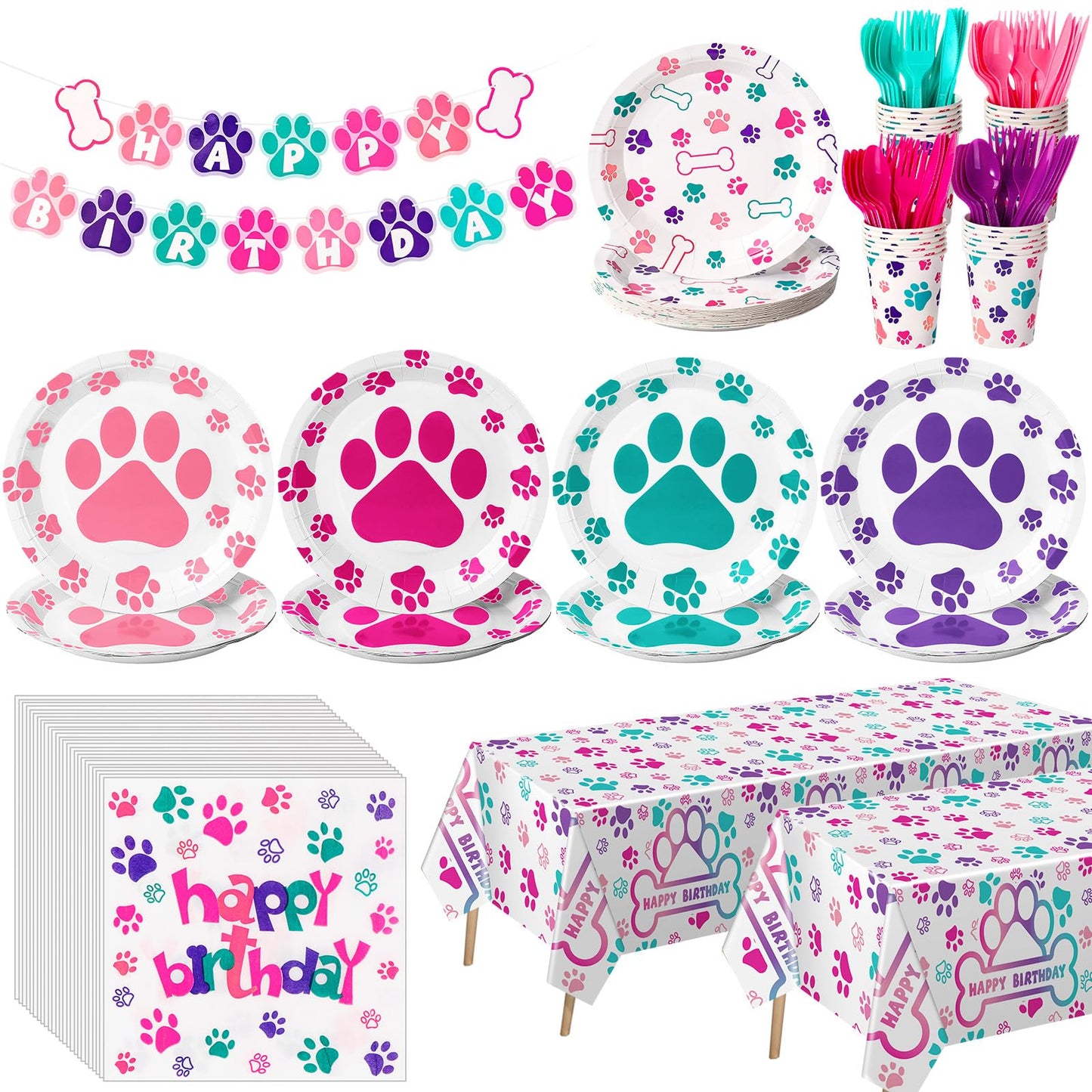 Gejoy 171 Pcs Dog Birthday Party Decorations Set — Paw Plates, Banner, Tablecloths & More for 24 Guests