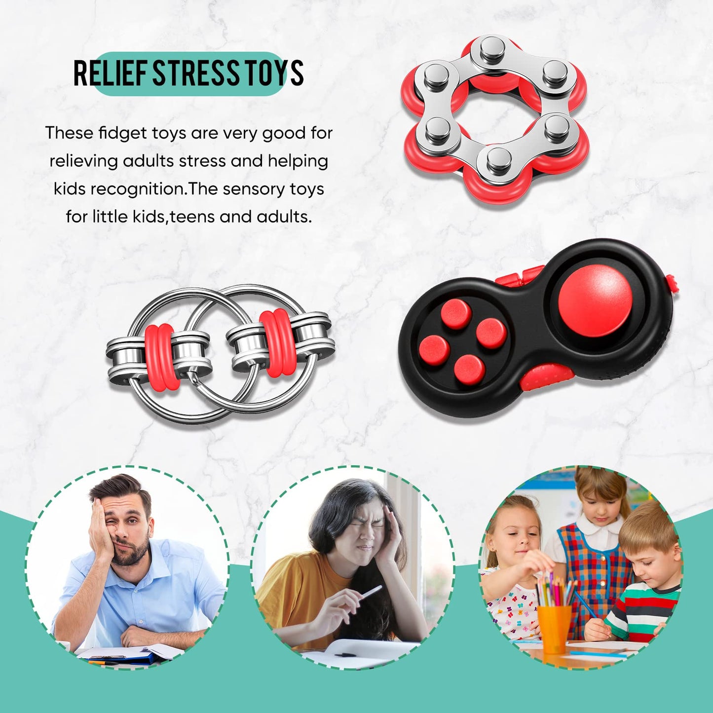 Gejoy 3-Piece Fidget Toys Set for Adults — Controller Pad, Six Roller Chain & Key Flippy Chain