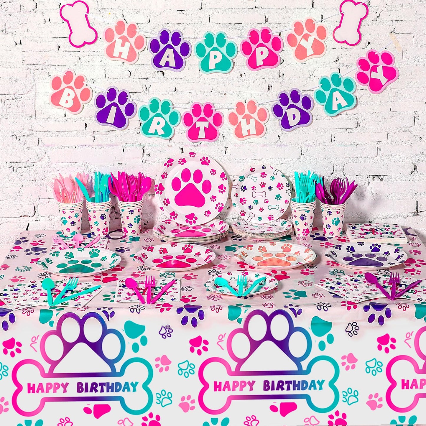Gejoy 171 Pcs Dog Birthday Party Decorations Set — Paw Plates, Banner, Tablecloths & More for 24 Guests