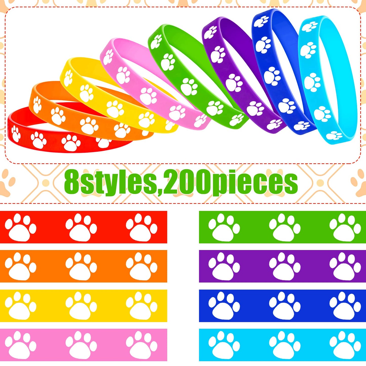 Gejoy Paw Print Silicone Bracelets – 200 Multicolor Wristbands for Parties
