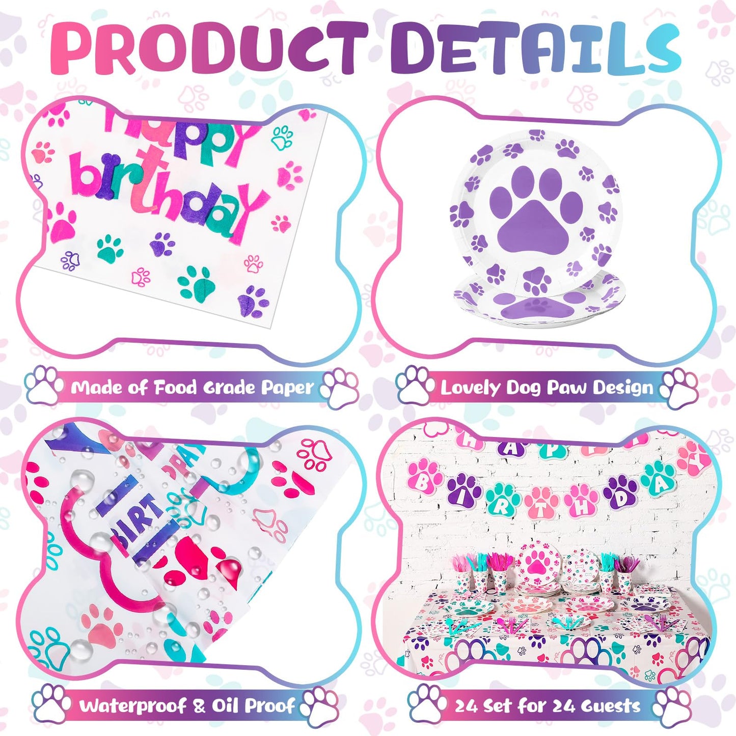 Gejoy 171 Pcs Dog Birthday Party Decorations Set — Paw Plates, Banner, Tablecloths & More for 24 Guests