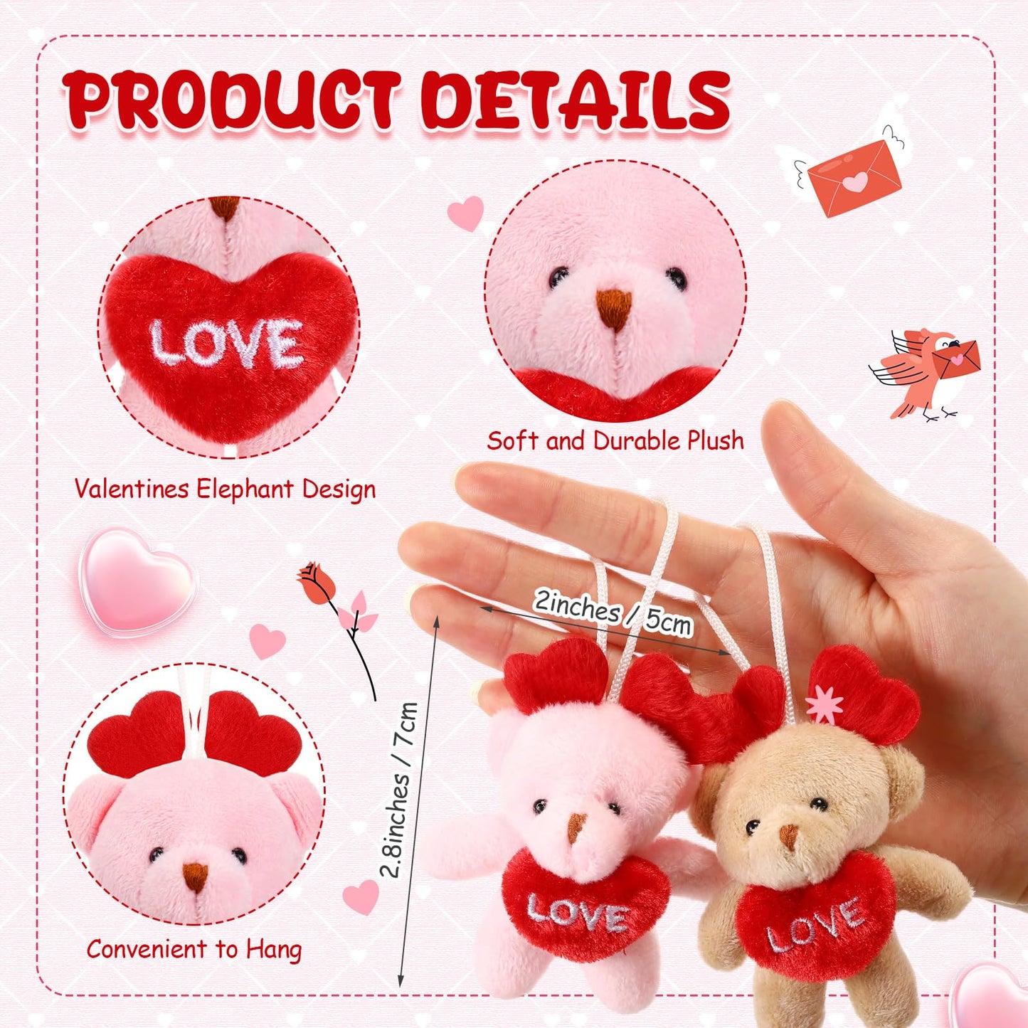 Gejoy 24-Pcs Valentines Day Mini Plush Bear Keychains – Heart-Themed Classroom & Party Favors