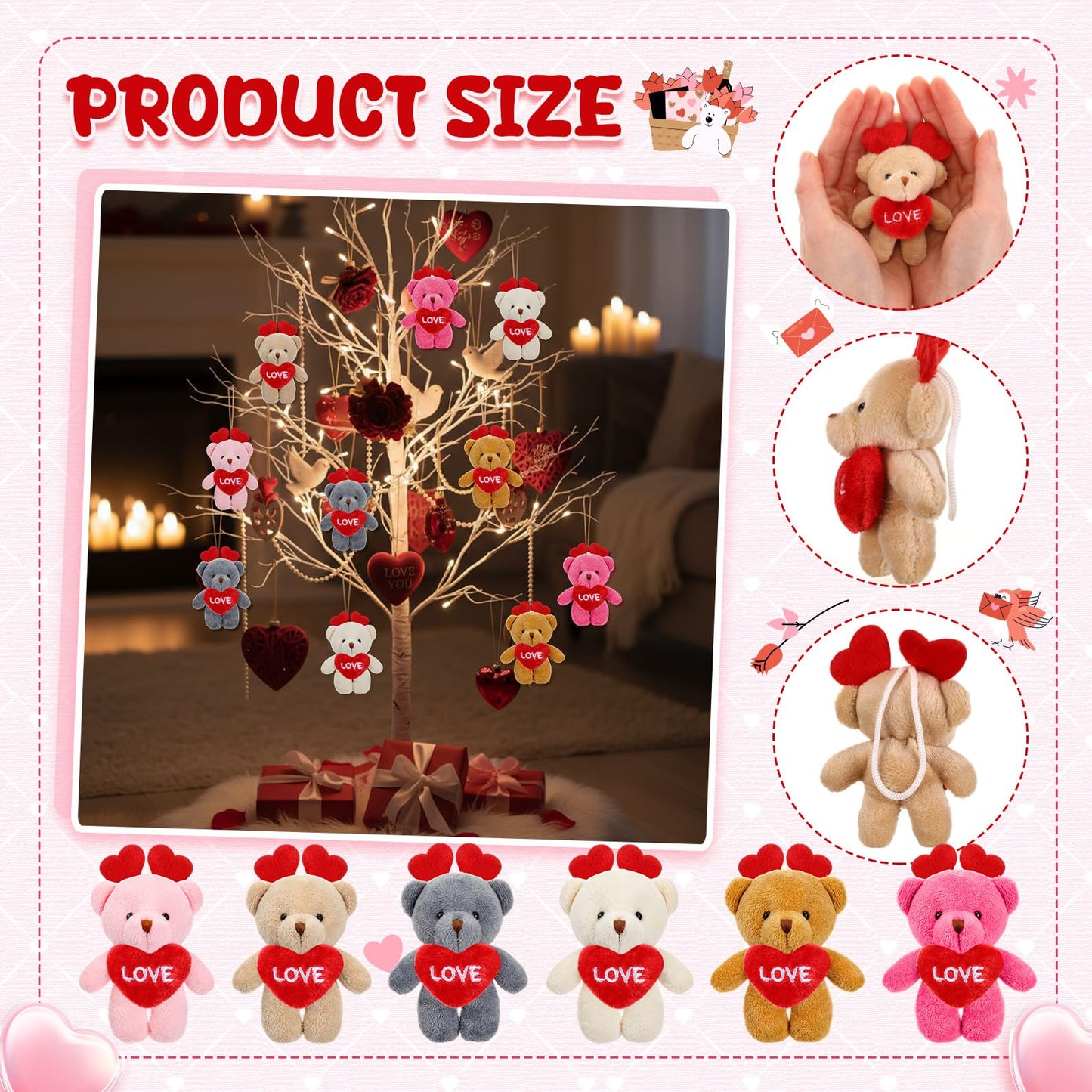 Gejoy 24-Pcs Valentines Day Mini Plush Bear Keychains – Heart-Themed Classroom & Party Favors