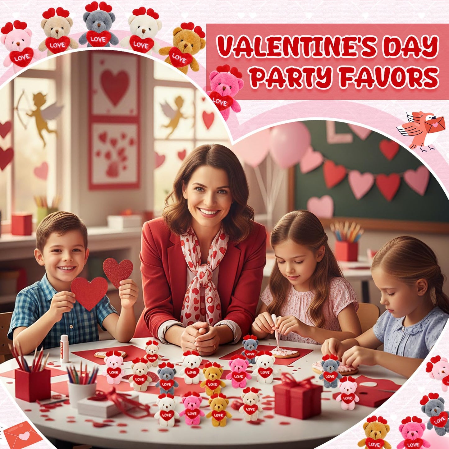 Gejoy 24-Pcs Valentines Day Mini Plush Bear Keychains – Heart-Themed Classroom & Party Favors