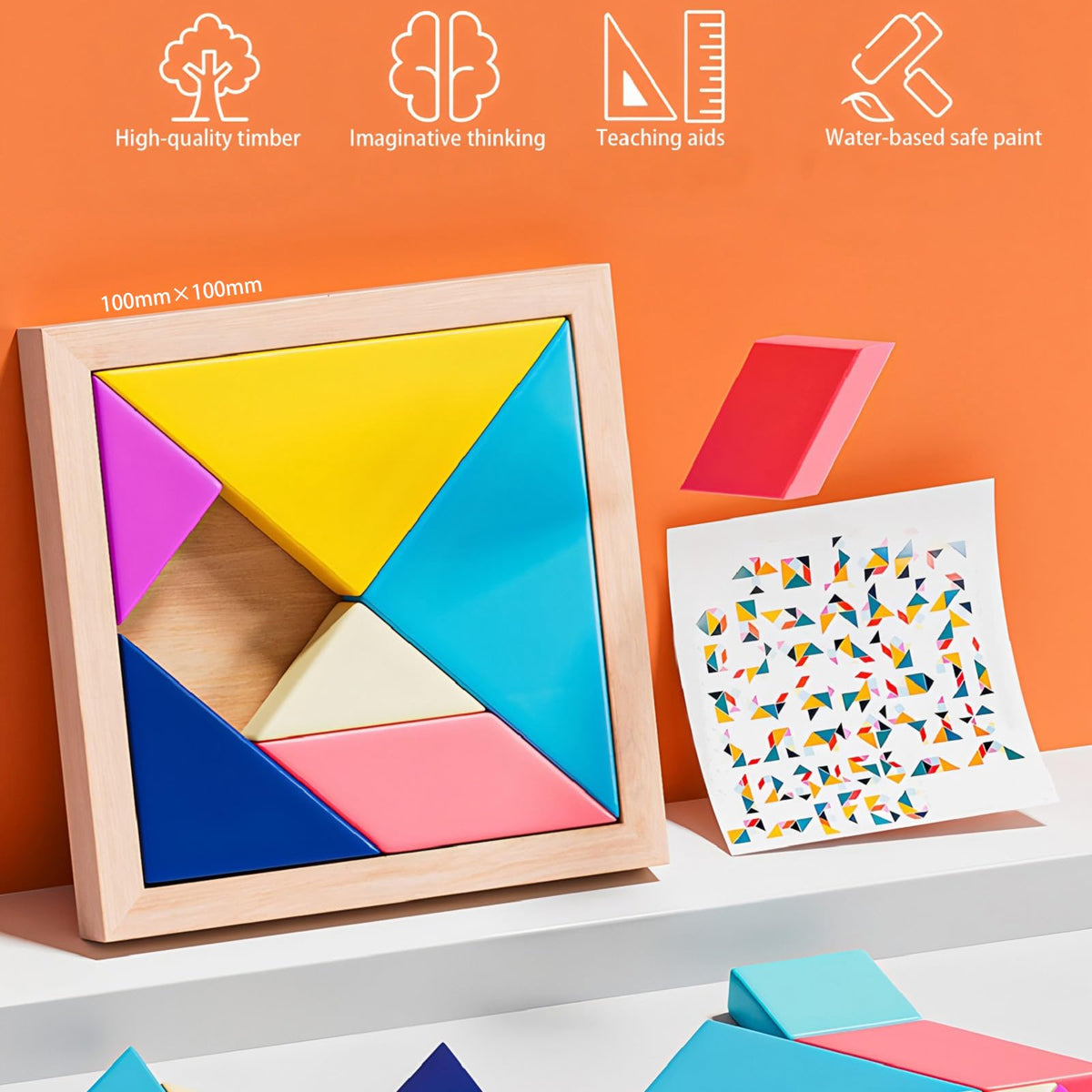 GEKELI 4 Pack Wooden Puzzles | Russian Blocks, Hexagon Puzzles, Tangrams, Tic Tac Toe