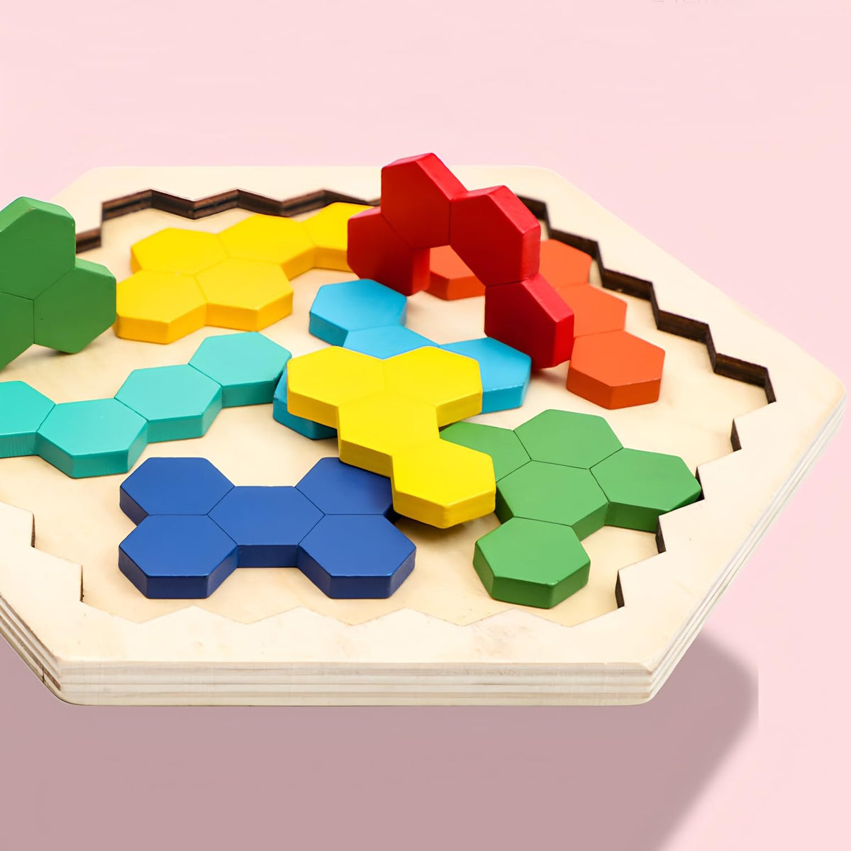 GEKELI 4 Pack Wooden Puzzles | Russian Blocks, Hexagon Puzzles, Tangrams, Tic Tac Toe