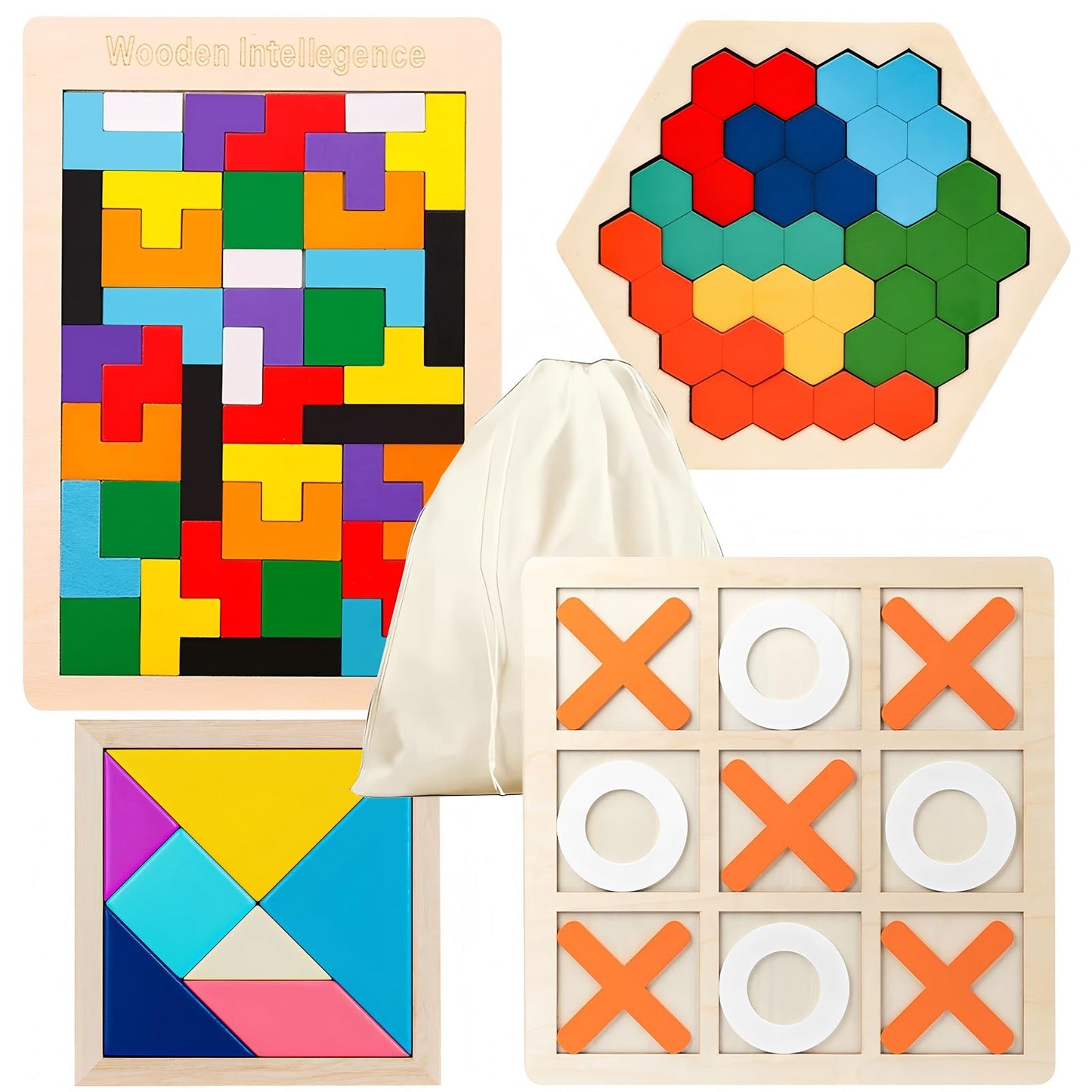 GEKELI 4 Pack Wooden Puzzles | Russian Blocks, Hexagon Puzzles, Tangrams, Tic Tac Toe