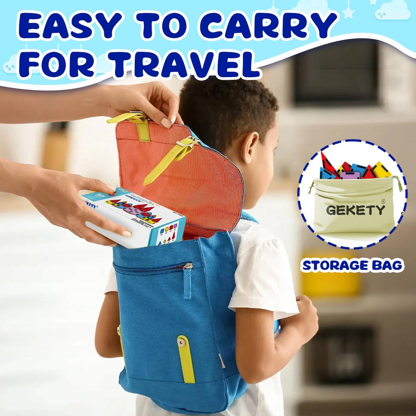 GEKETY Mini Magnetic Tiles - 32-Piece Travel STEM Building Set for Kids 3+