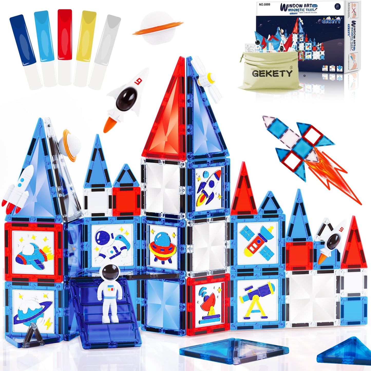 GEKETY Magnetic Tiles 58 Pcs Space Magnets – STEM Building Blocks for Kids 3-12