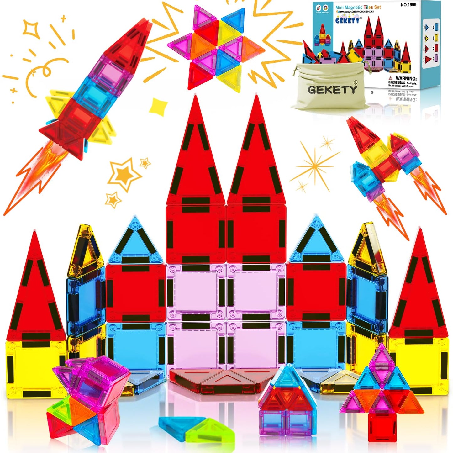 GEKETY Mini Magnetic Tiles - 32-Piece Travel STEM Building Set for Kids 3+