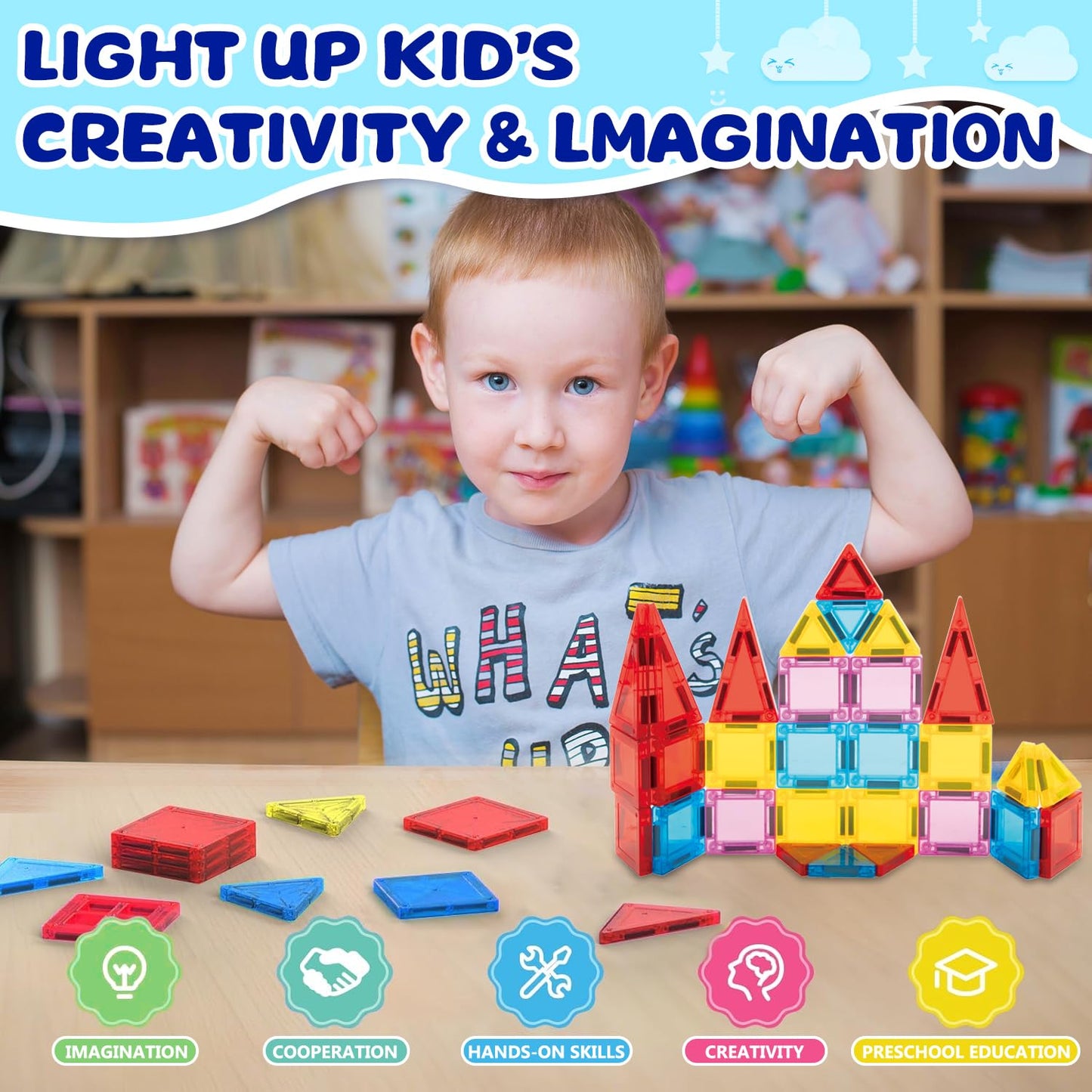 GEKETY Mini Magnetic Tiles - 32-Piece Travel STEM Building Set for Kids 3+