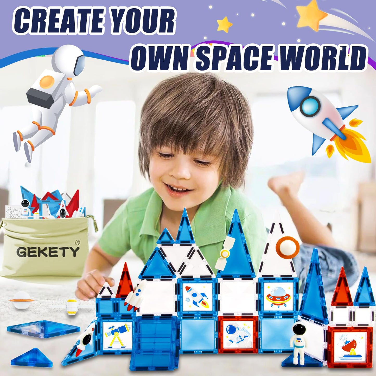 GEKETY Magnetic Tiles 58 Pcs Space Magnets – STEM Building Blocks for Kids 3-12