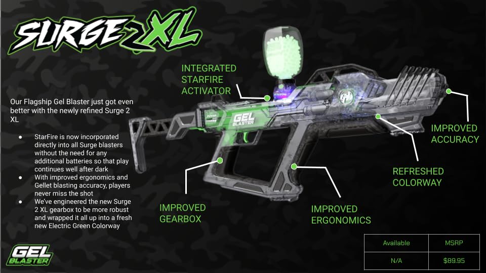 Gel Blaster Surge XL 2 – Glow Activator, 150+ ft Range, Water Bead Ammo, Semi/Full Auto, Glow in the Dark, 180–250 FPS | Ages 14+