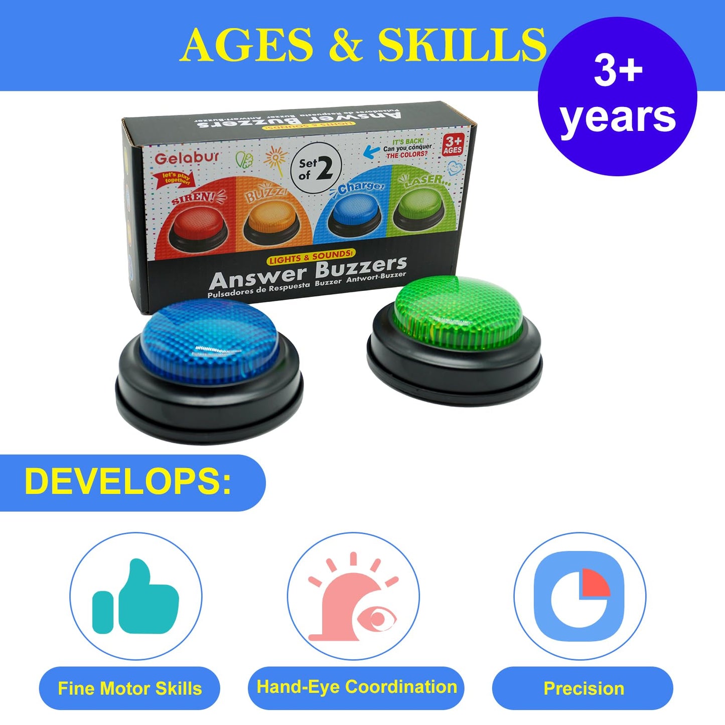 Gelabur 2-Pack Buzzers for Trivia Games | Lights & Sounds for Classroom & Family