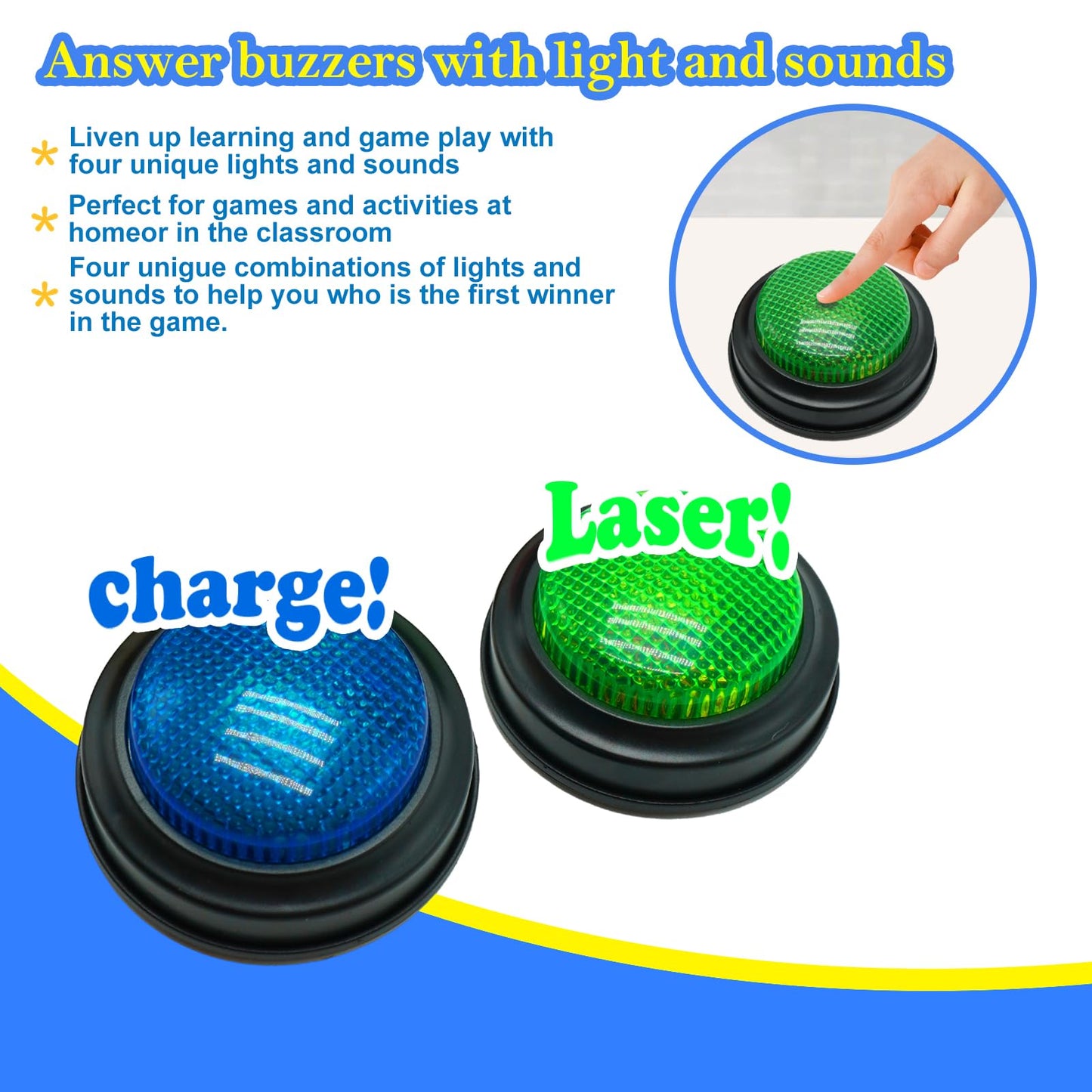 Gelabur 2-Pack Buzzers for Trivia Games | Lights & Sounds for Classroom & Family