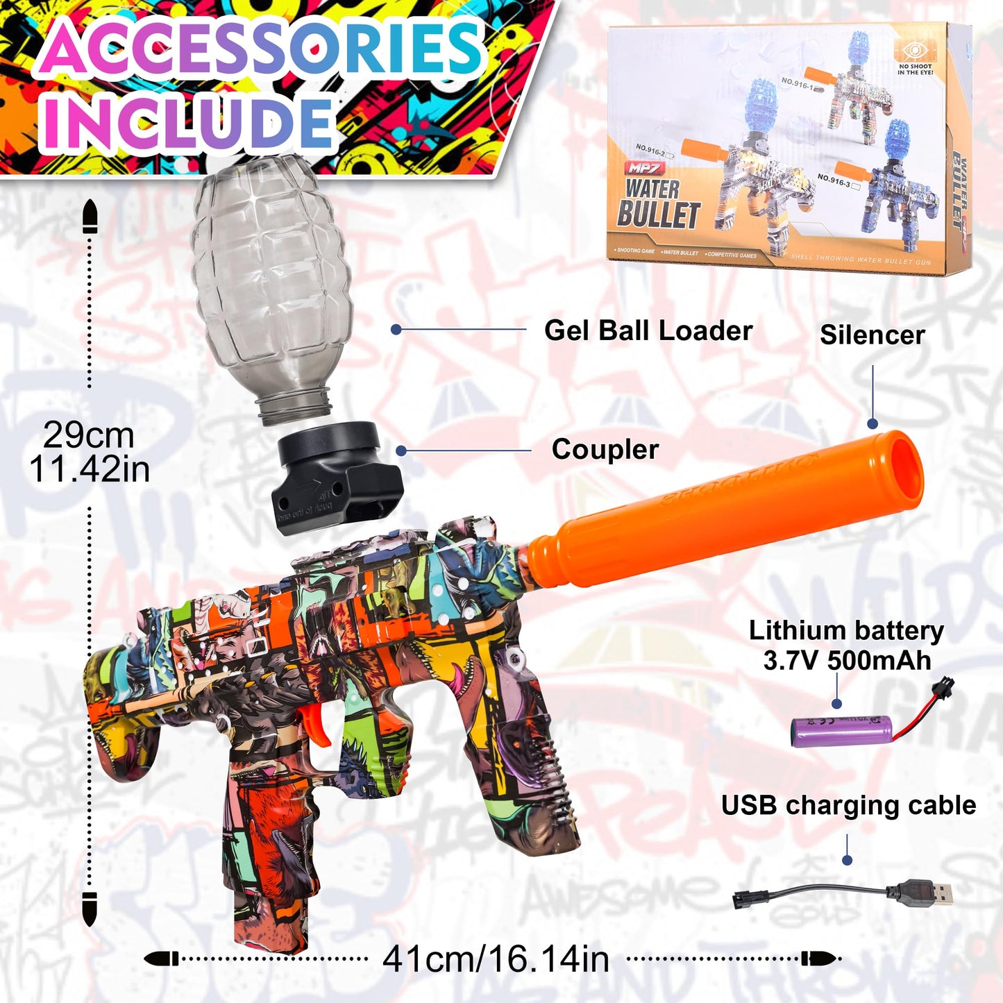 GELGLOCK Electric Gel Ball Blaster Gun – Rechargeable Auto Toy (Graffiti Design)