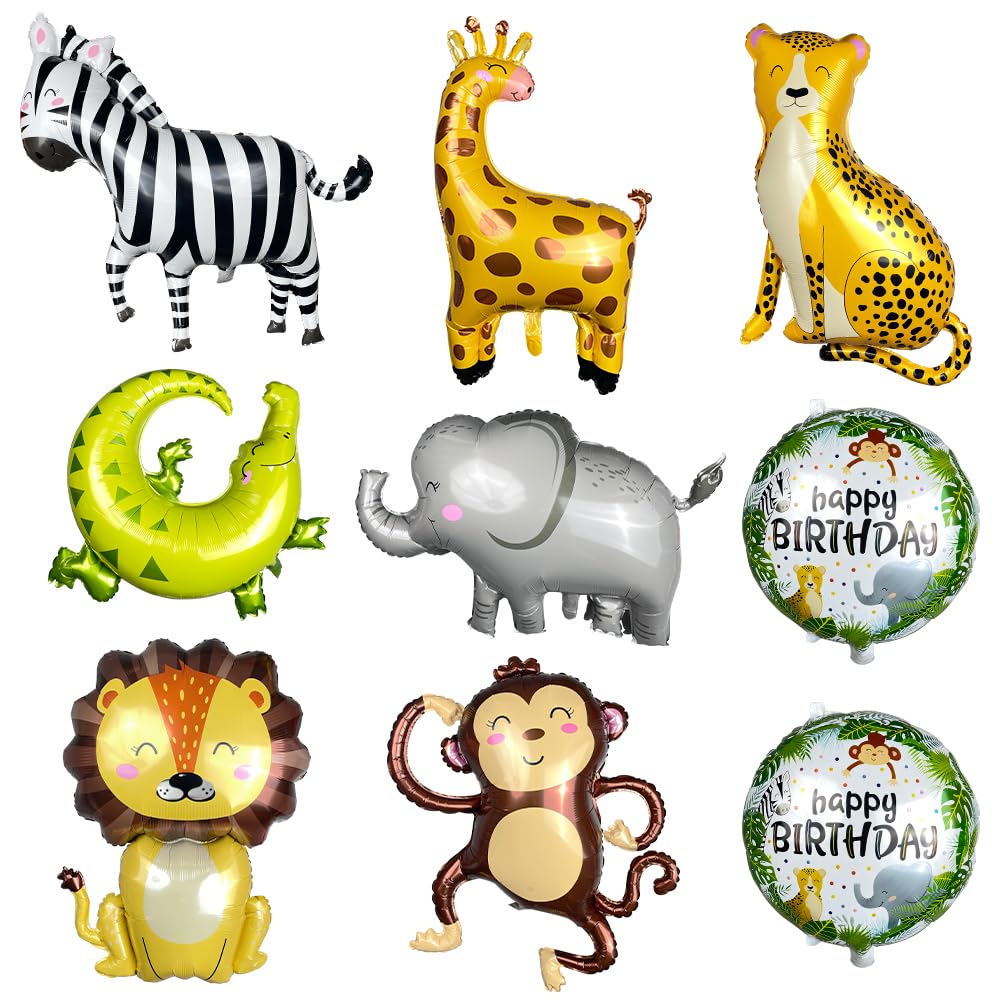 GELOUBO Safari Animal Foil Balloon Set — Elephant, Monkey, Lion, Giraffe, Leopard, Zebra, Crocodile
