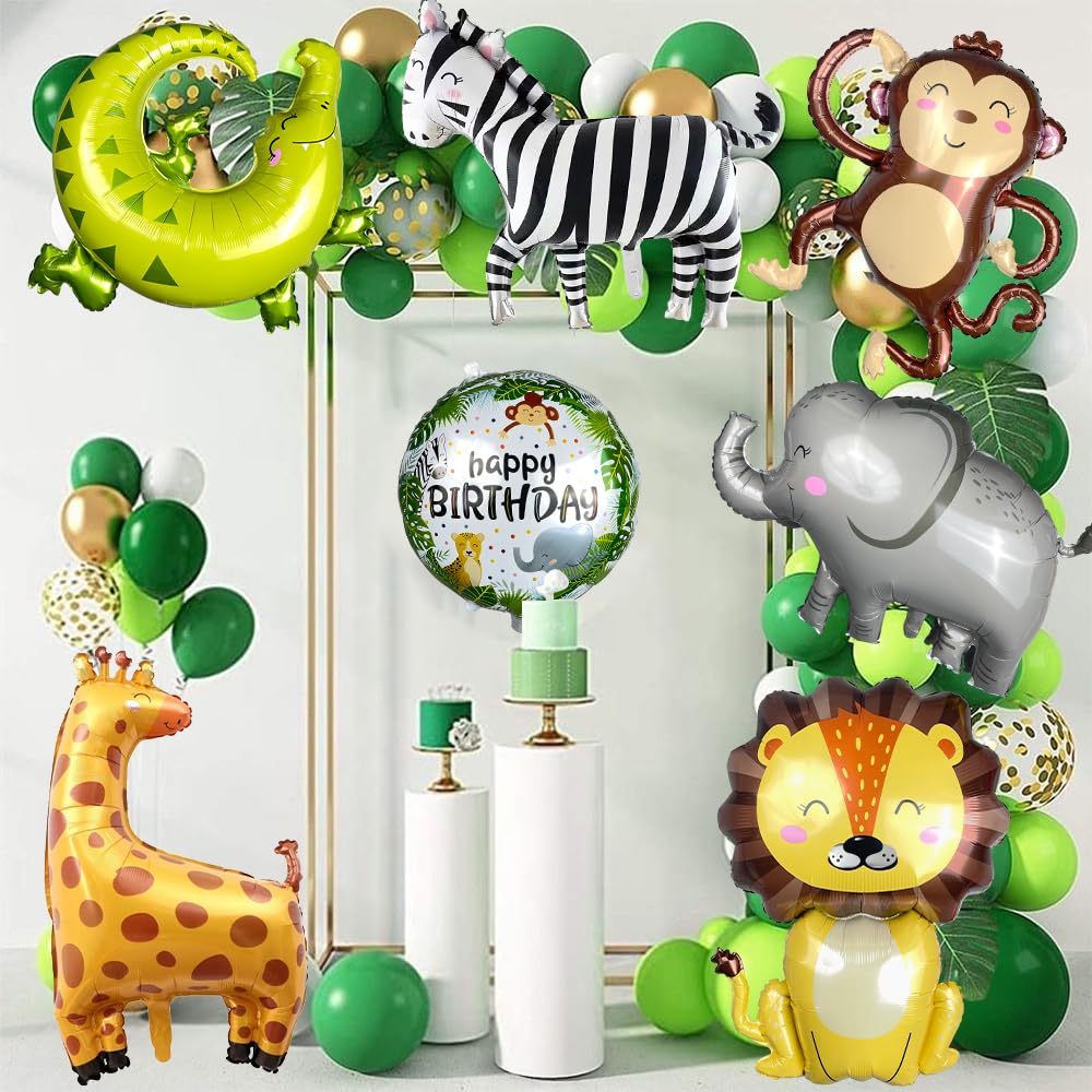 GELOUBO Safari Animal Foil Balloon Set — Elephant, Monkey, Lion, Giraffe, Leopard, Zebra, Crocodile