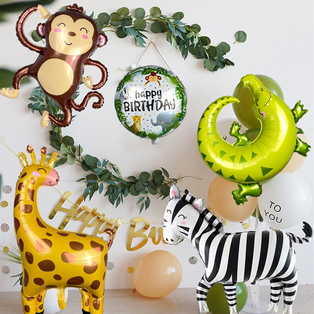 GELOUBO Safari Animal Foil Balloon Set — Elephant, Monkey, Lion, Giraffe, Leopard, Zebra, Crocodile