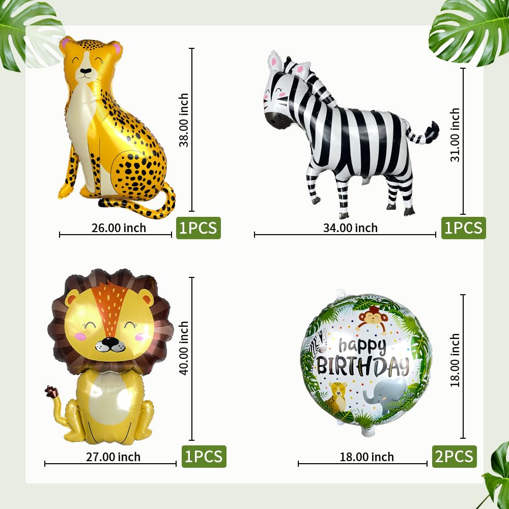 GELOUBO Safari Animal Foil Balloon Set — Elephant, Monkey, Lion, Giraffe, Leopard, Zebra, Crocodile