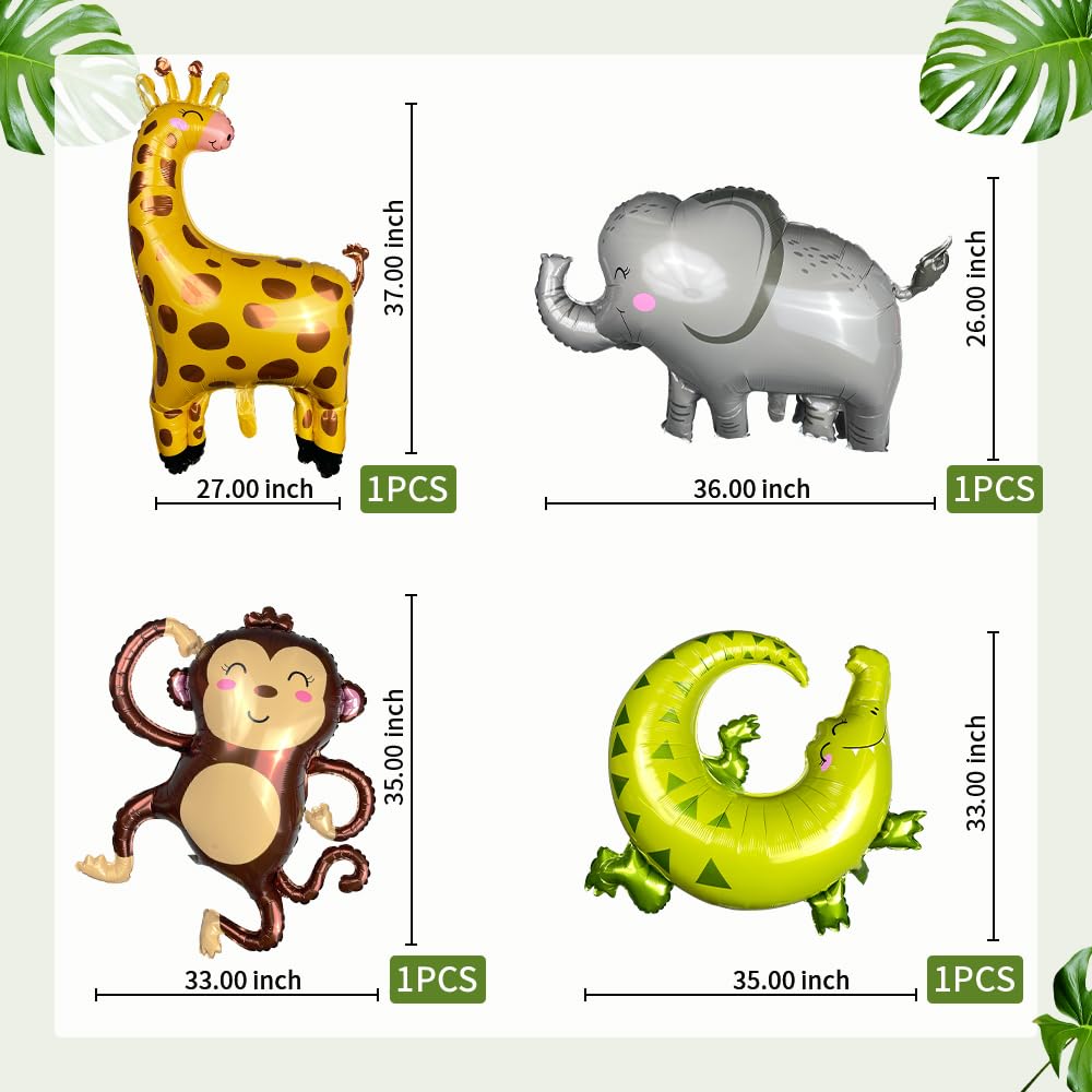 GELOUBO Safari Animal Foil Balloon Set — Elephant, Monkey, Lion, Giraffe, Leopard, Zebra, Crocodile