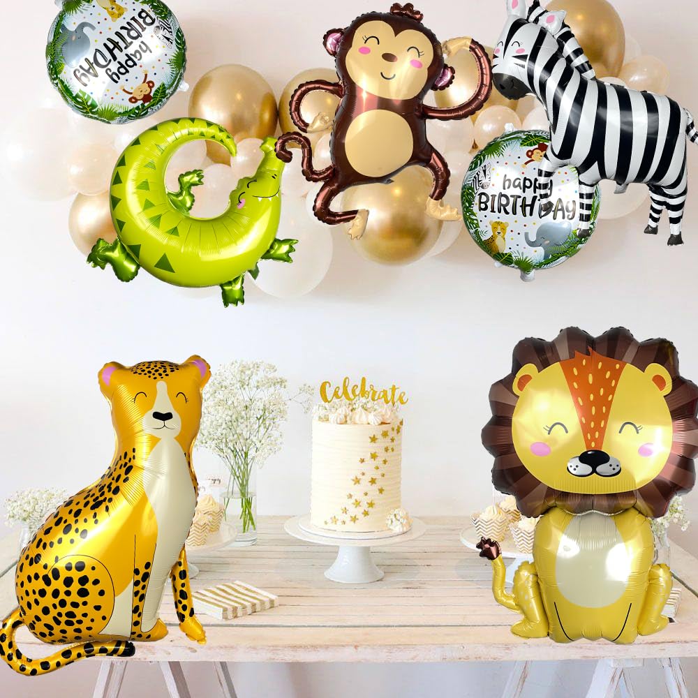 GELOUBO Safari Animal Foil Balloon Set — Elephant, Monkey, Lion, Giraffe, Leopard, Zebra, Crocodile