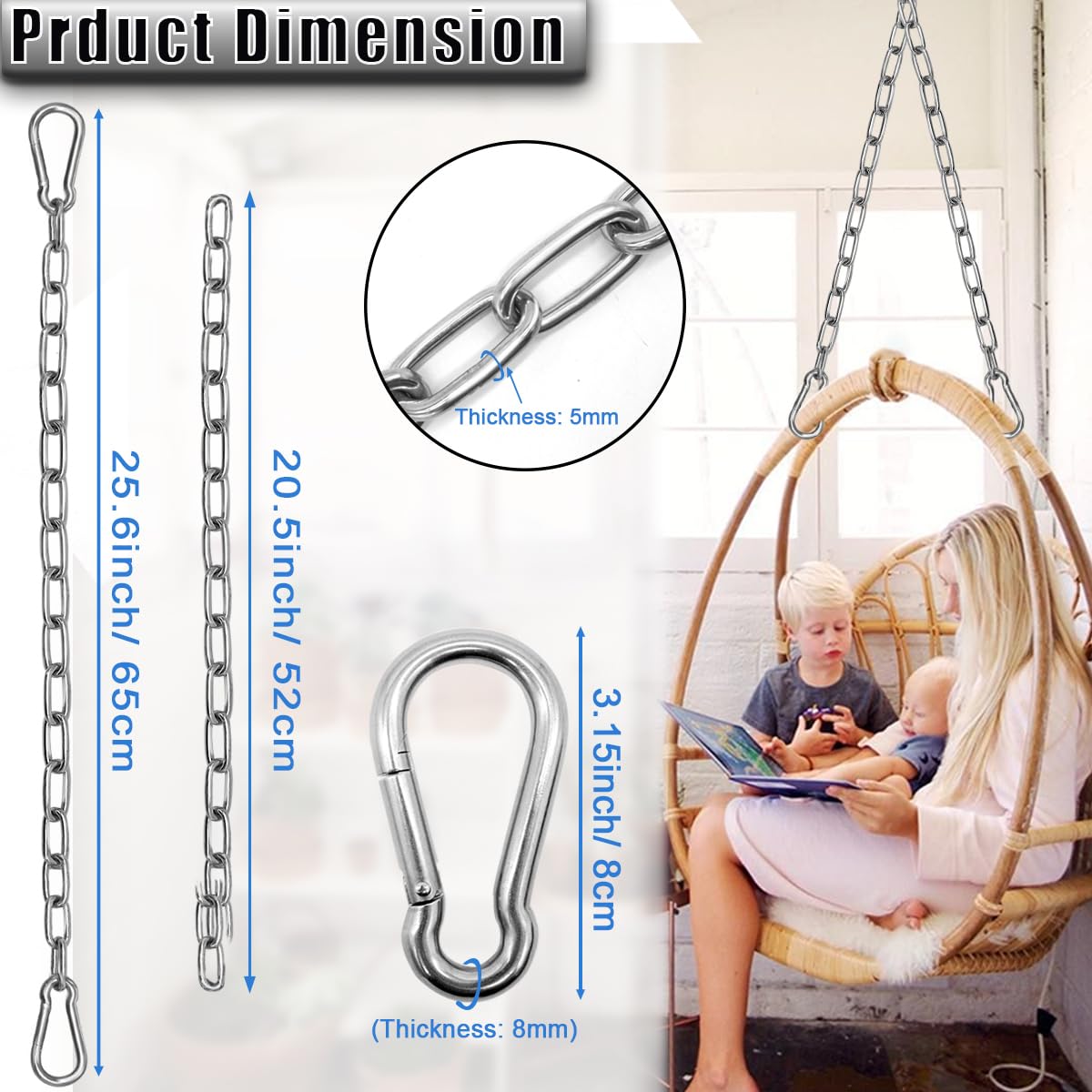 Gelury 2 Pack Hanging Swing Chain with 4 Carabiners – 25in, 660LB Heavy Duty Hammock Hardware Kit