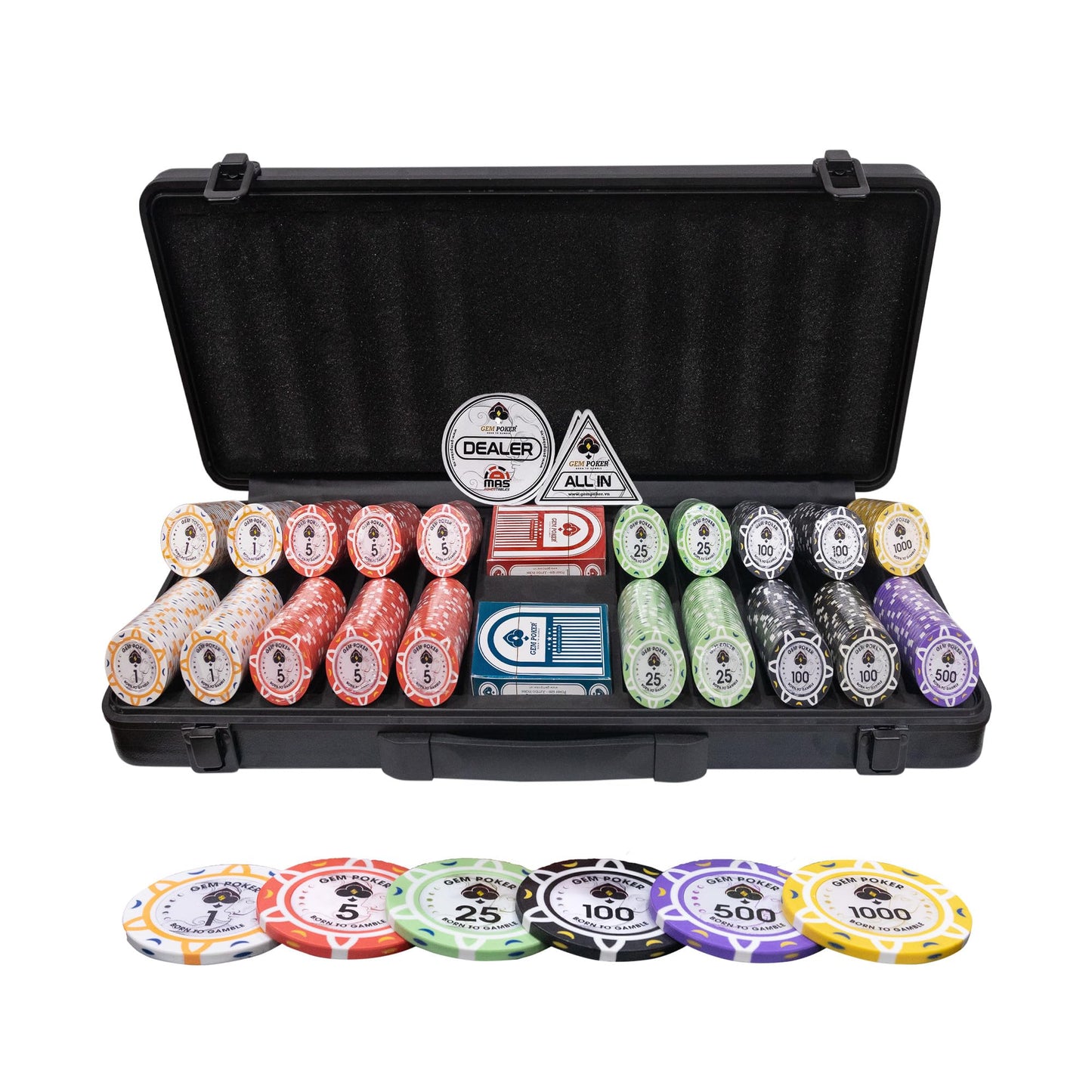 GEM POKER Luna 14g Clay Poker Chips Set – 500 Chips, Premium Case, and 2 Decks