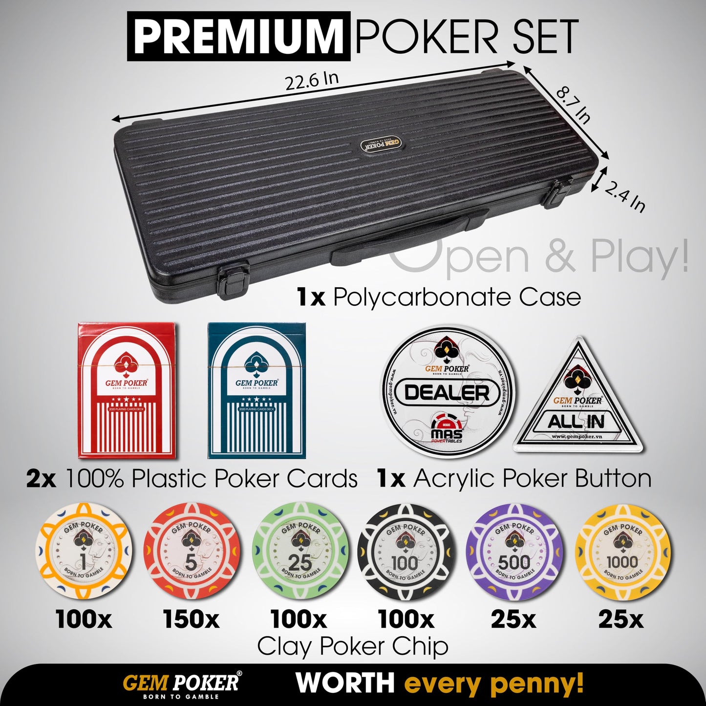 GEM POKER Luna 14g Clay Poker Chips Set – 500 Chips, Premium Case, and 2 Decks