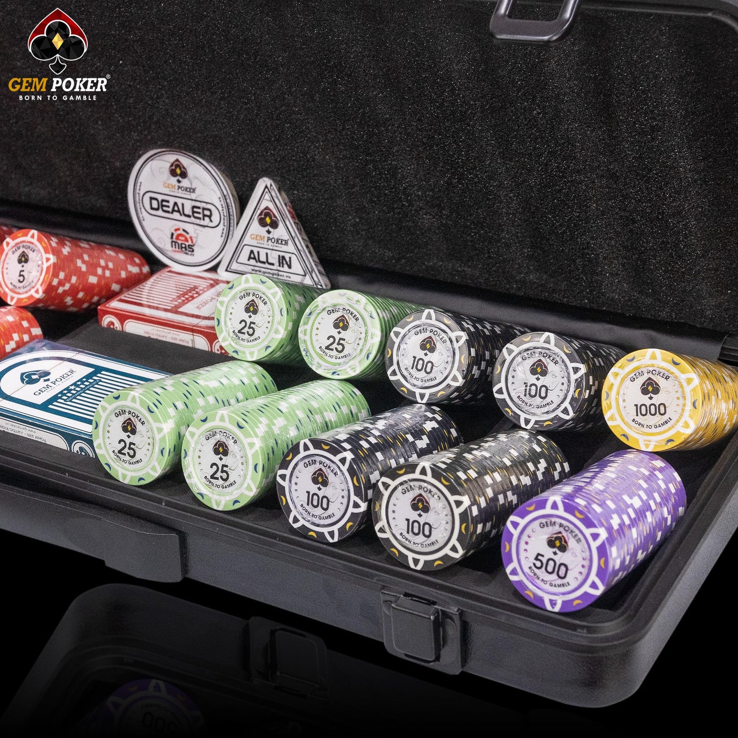 GEM POKER Luna 14g Clay Poker Chips Set – 500 Chips, Premium Case, and 2 Decks