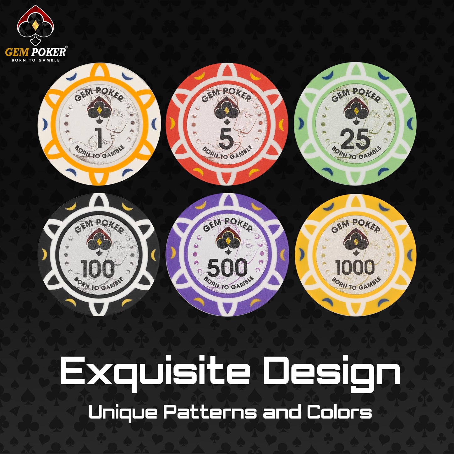 GEM POKER Luna 14g Clay Poker Chips Set – 500 Chips, Premium Case, and 2 Decks