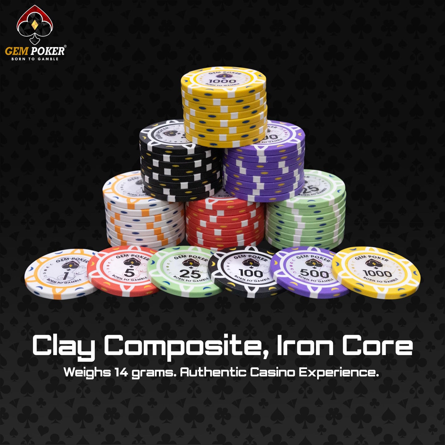 GEM POKER Luna 14g Clay Poker Chips Set – 500 Chips, Premium Case, and 2 Decks
