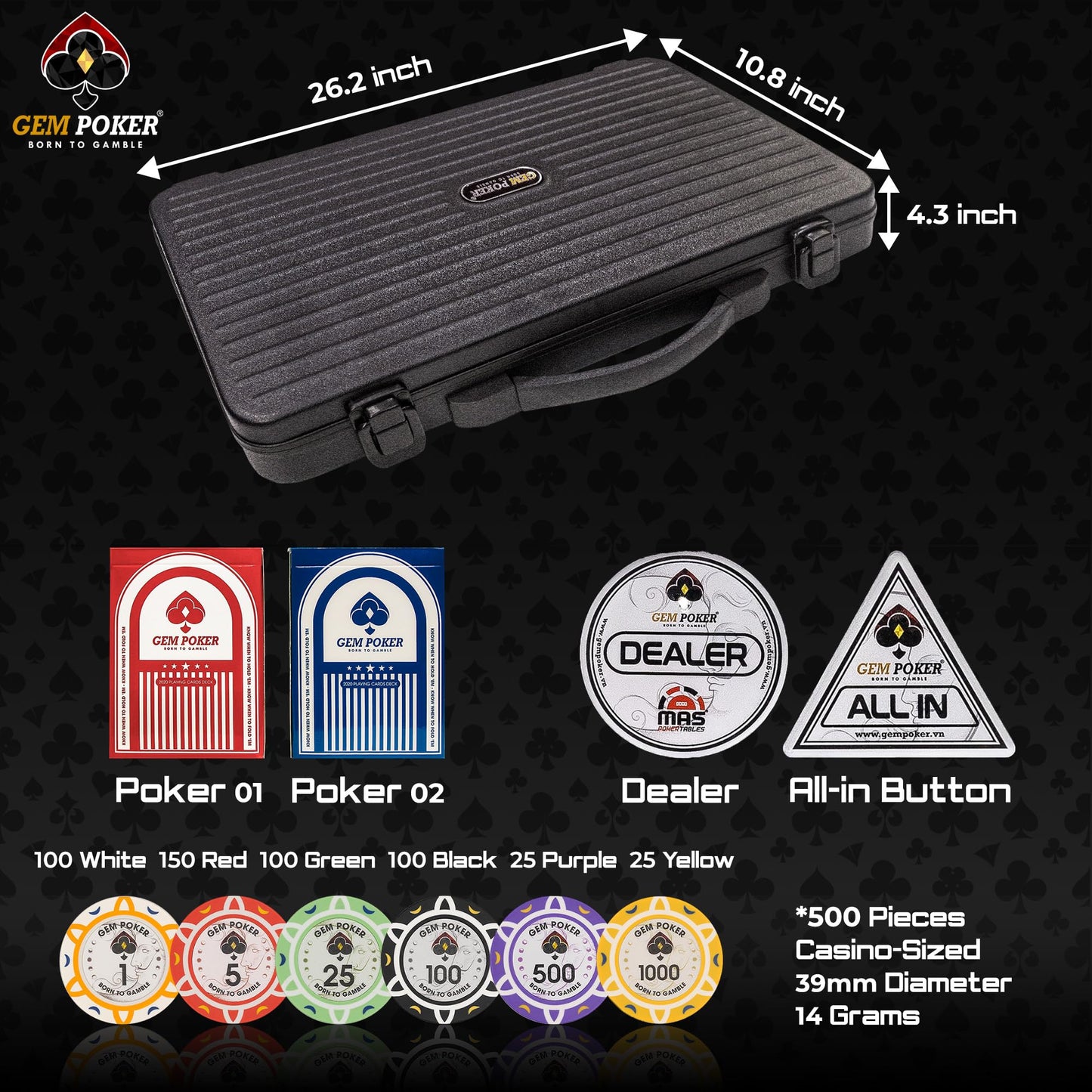 GEM POKER Luna 14g Clay Poker Chips Set – 500 Chips, Premium Case, and 2 Decks