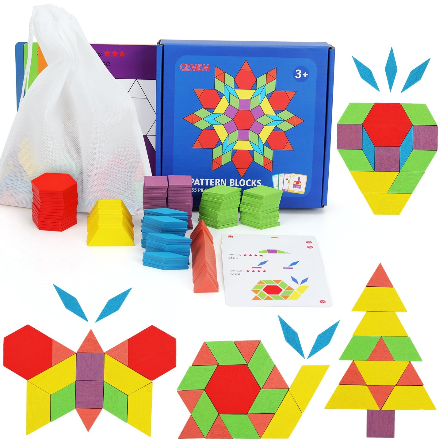 GEMEM 155 Pcs Wooden Pattern Blocks Set – Geometric Puzzle for Kids 4-8 + 24 Design Cards