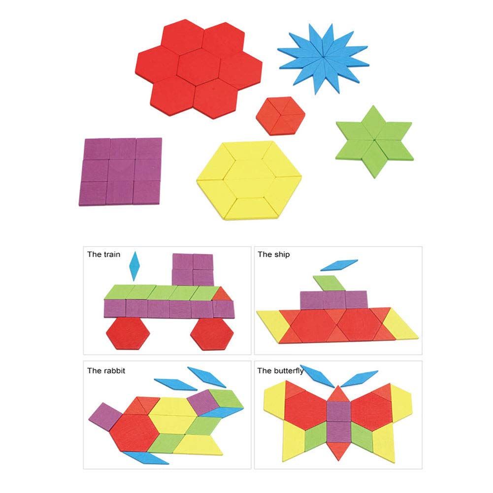 GEMEM 155 Pcs Wooden Pattern Blocks Set – Geometric Puzzle for Kids 4-8 + 24 Design Cards