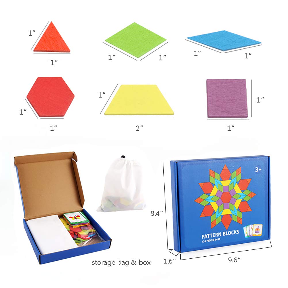 GEMEM 155 Pcs Wooden Pattern Blocks Set – Geometric Puzzle for Kids 4-8 + 24 Design Cards