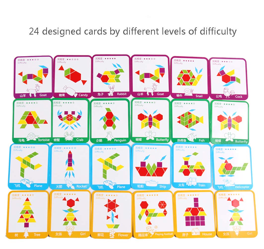 GEMEM 155 Pcs Wooden Pattern Blocks Set – Geometric Puzzle for Kids 4-8 + 24 Design Cards