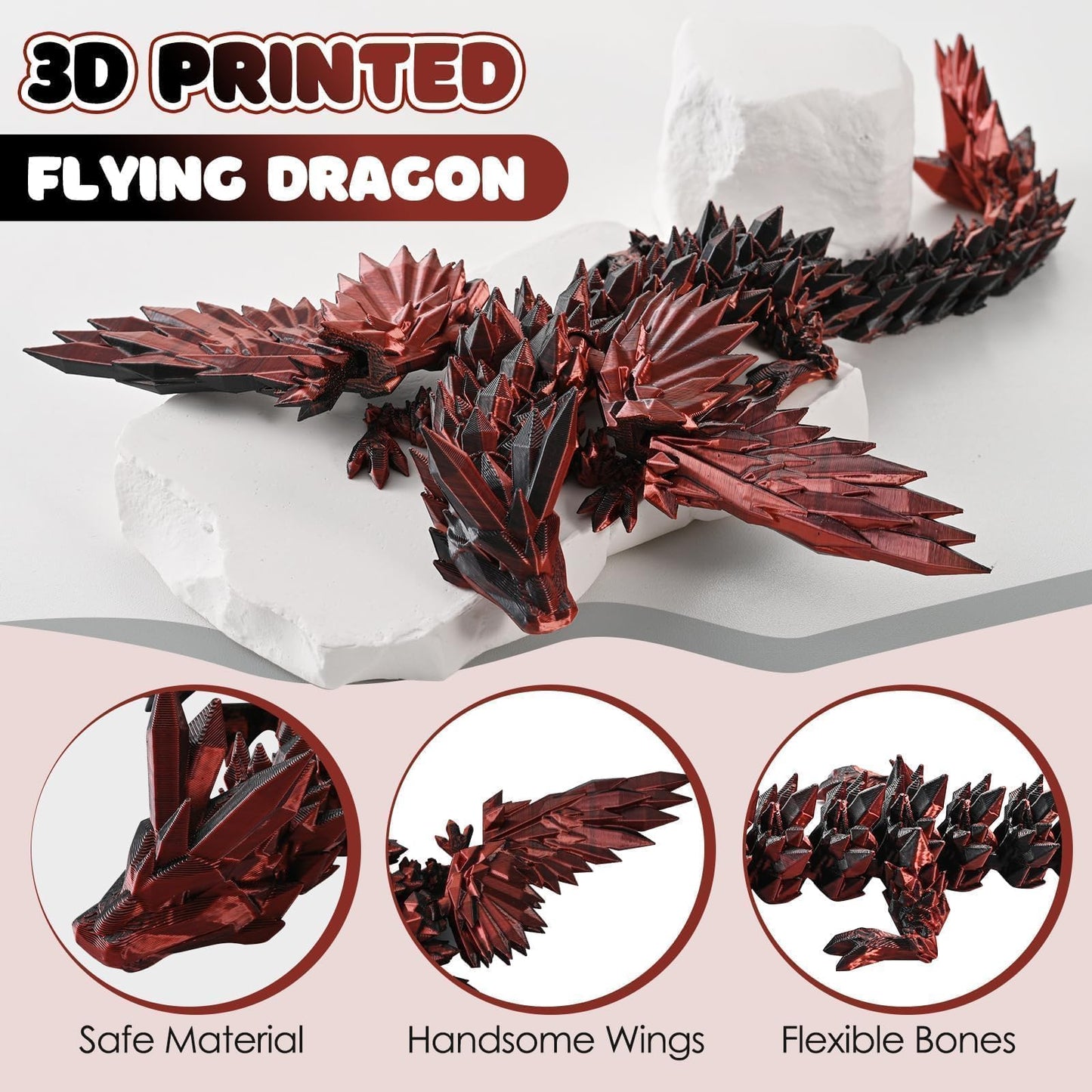 GemmiCho 11-Inch 3D Printed Dragon with Wings — Desktop Decor & Fun Fidget Toy for Kids & Teens