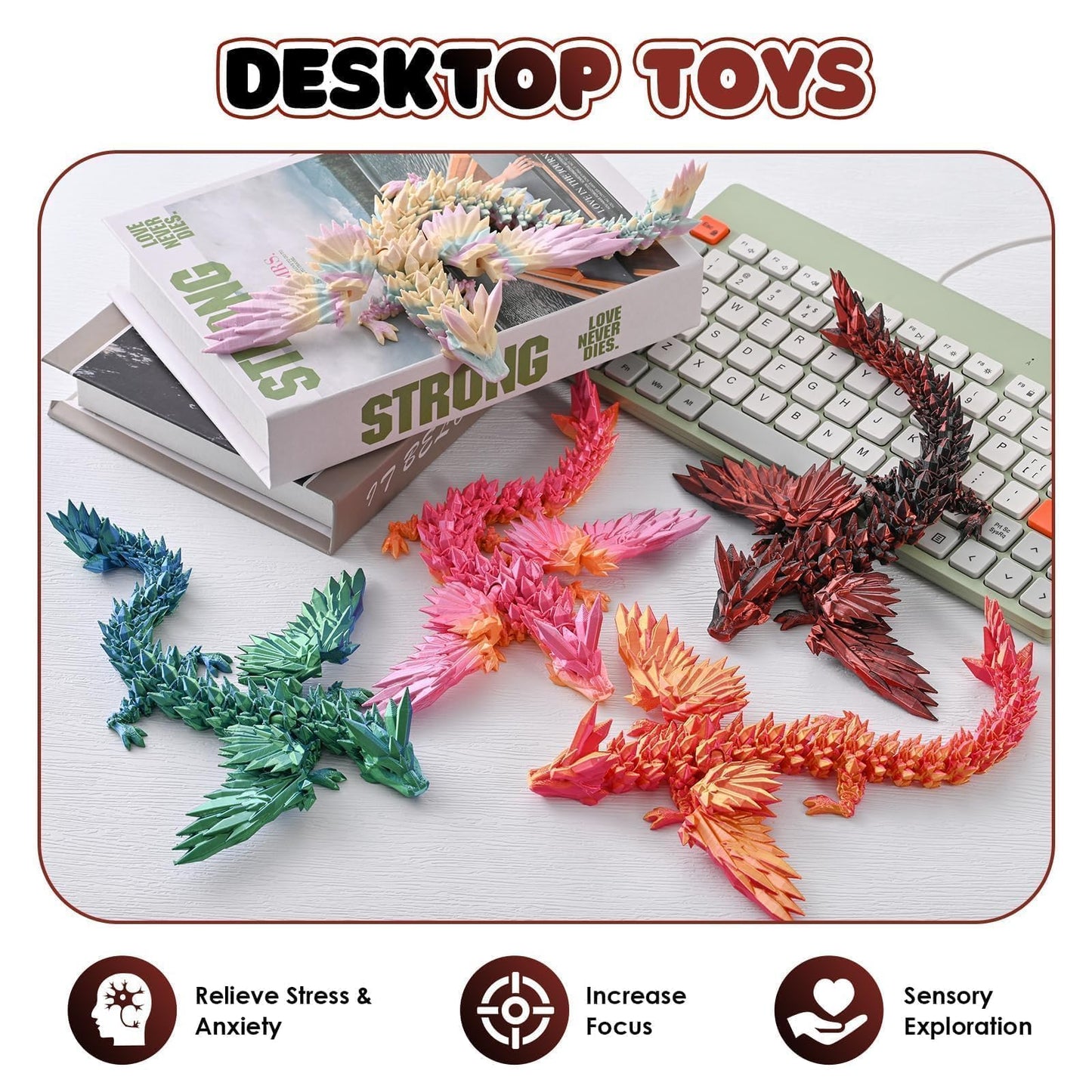 GemmiCho 11-Inch 3D Printed Dragon with Wings — Desktop Decor & Fun Fidget Toy for Kids & Teens
