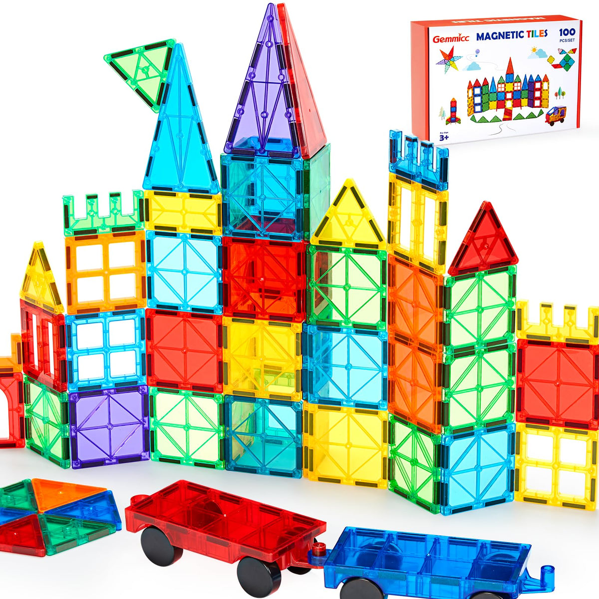 Gemmicc 100 PCS Magnetic Tiles with 2 Cars – STEM Approved Educational Building Toys