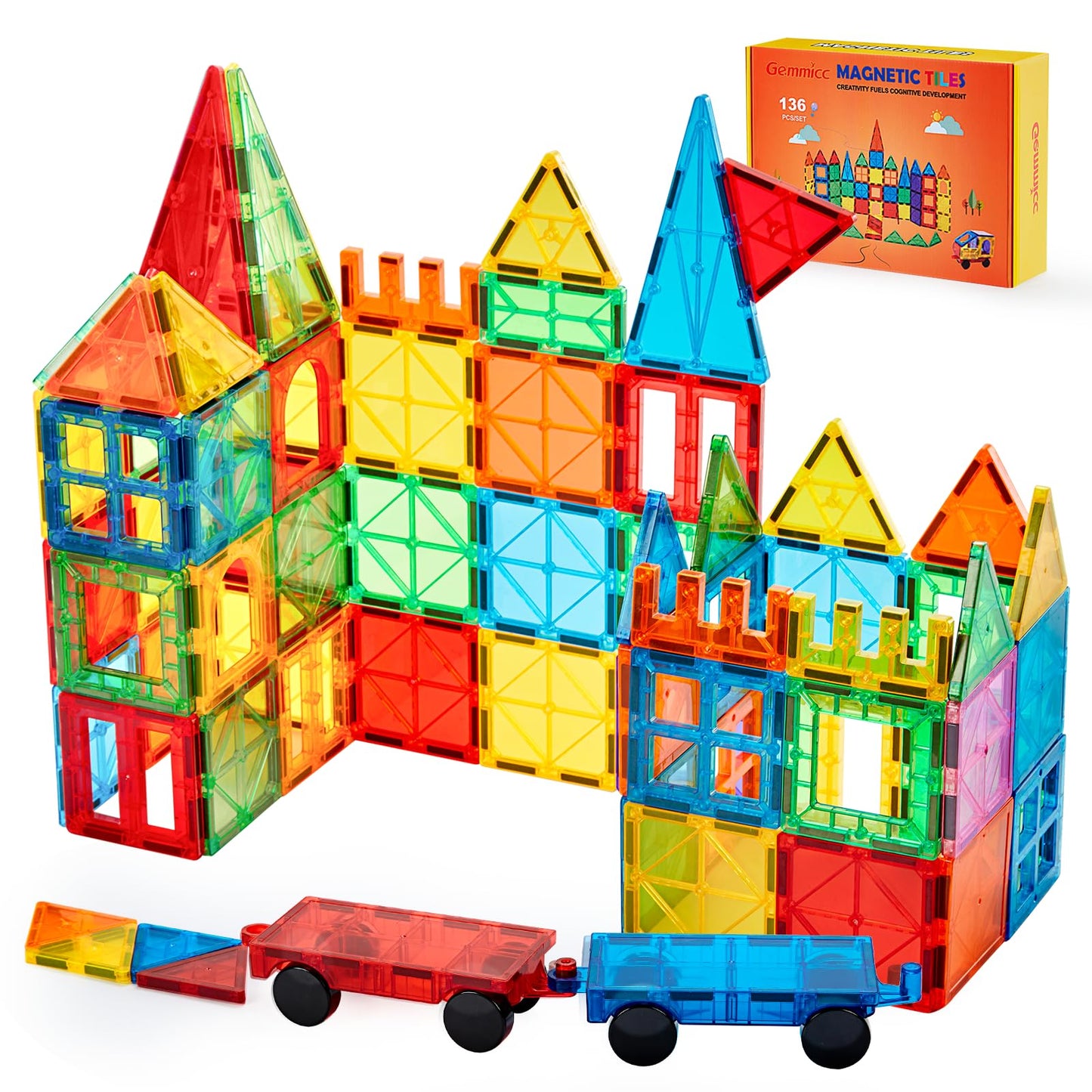 Gemmicc Magnetic Tiles Deluxe 136 PCS – 2 Magnetic Cars | STEM Building Blocks for Kids